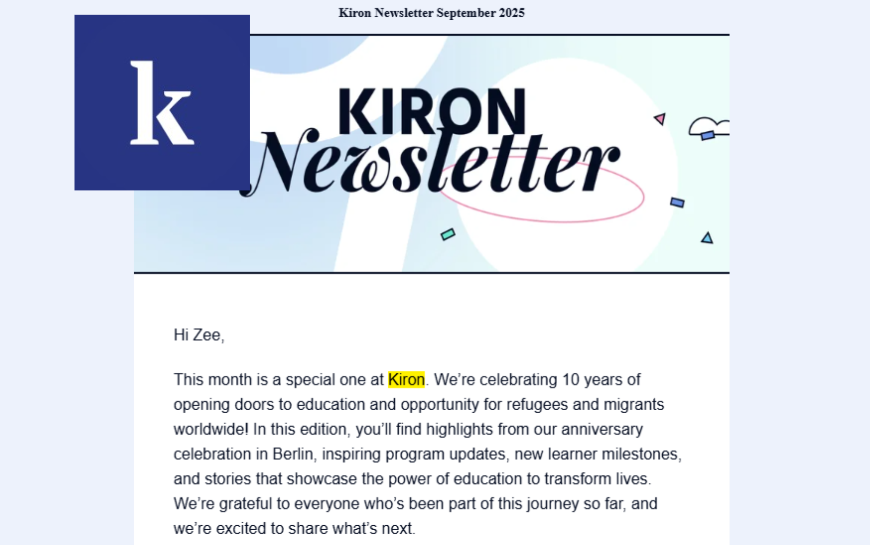 Newsletter for Kiron